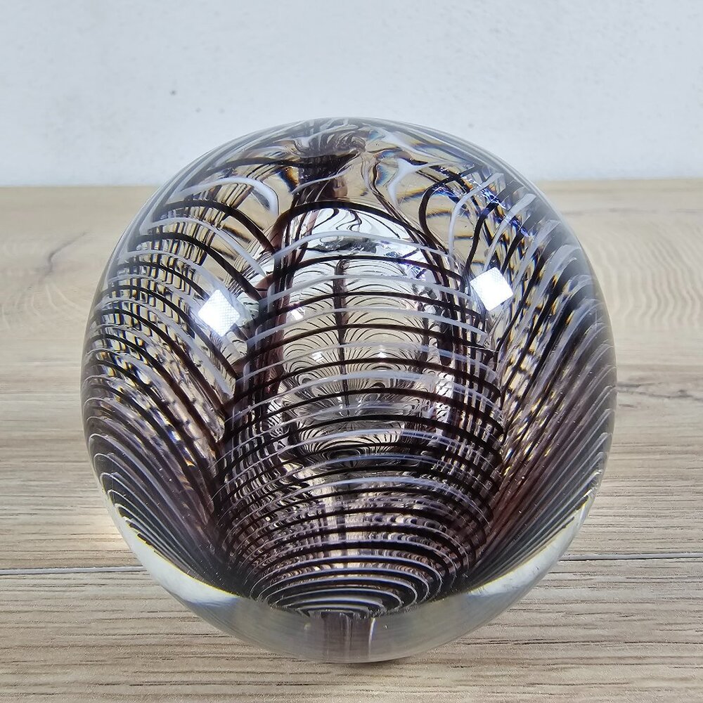 Glass Paperweight Abstract Swirls Black White Clear Round Decorative 2.5" - Picture 2 of 8